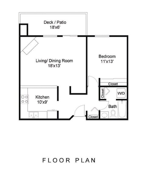 Floor plan for 1 bed, 1 bath, 808 sqft